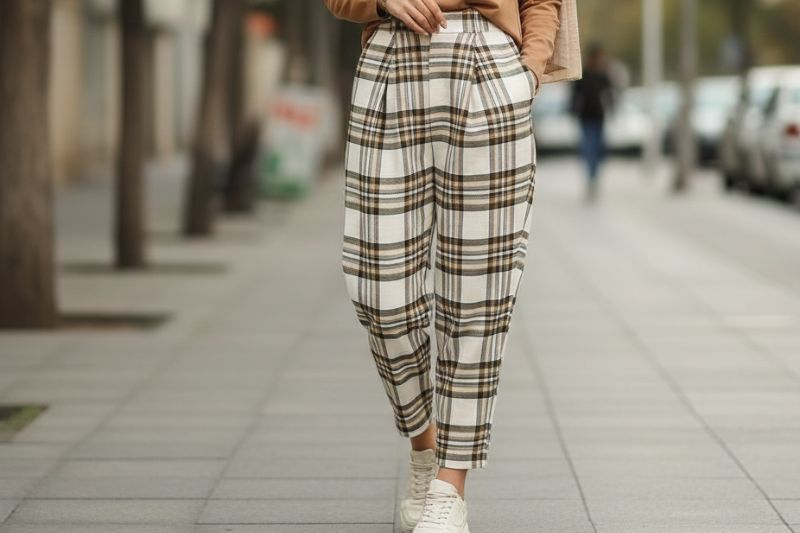 نمای نزدیک از استایل خیابانی زنانه با شلوار چهارخانه کلاسیک کرم و قهوه‌ای ست شده با کتانی سفید