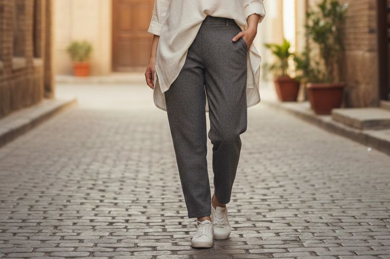 ست کردن شلوار طوسی زنانه با شومیز سفید و کتانی برای استایل روزمره در راهنمای انتخاب شلوار زیباپوشان