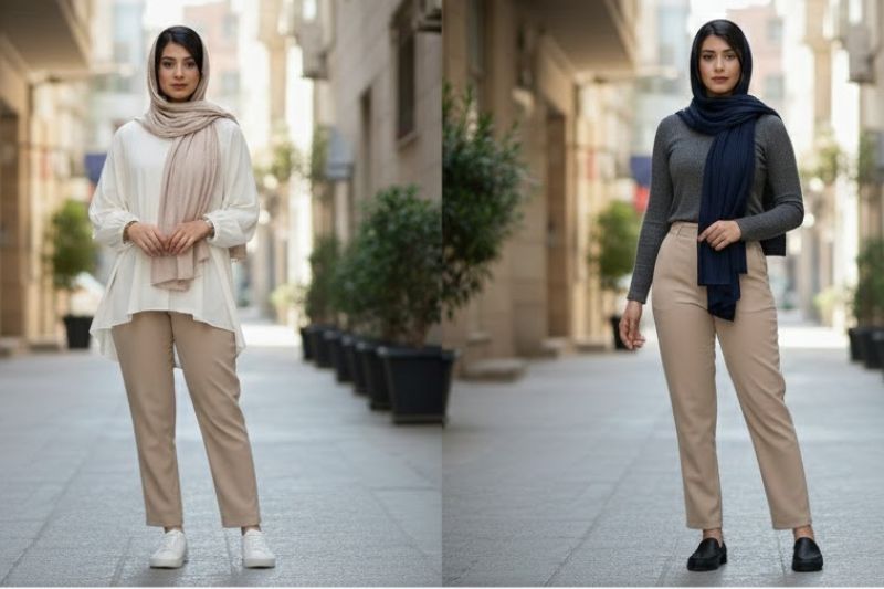 راهنمای تصویری ست کردن شلوار رنگ روشن زنانه برای موقعیت‌های روزمره و نیمه‌رسمی در سایت زیباپوشان