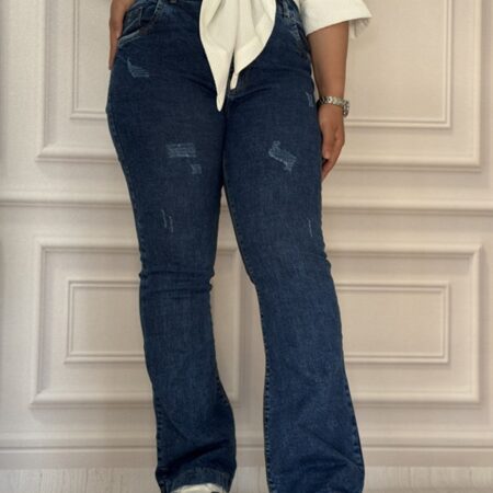 شلوار جین دمپا گشاد زنانه آبی تیره با تن‌خور کامل