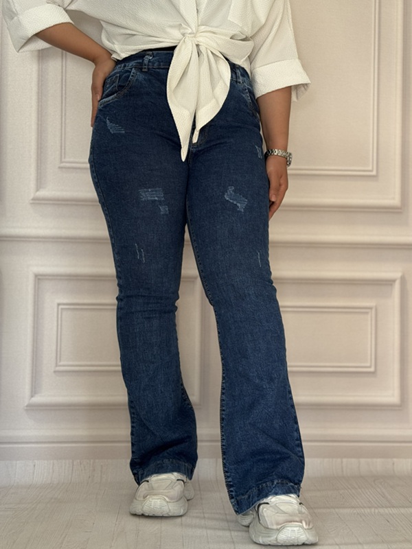 شلوار جین دمپا گشاد زنانه آبی تیره با تن‌خور کامل