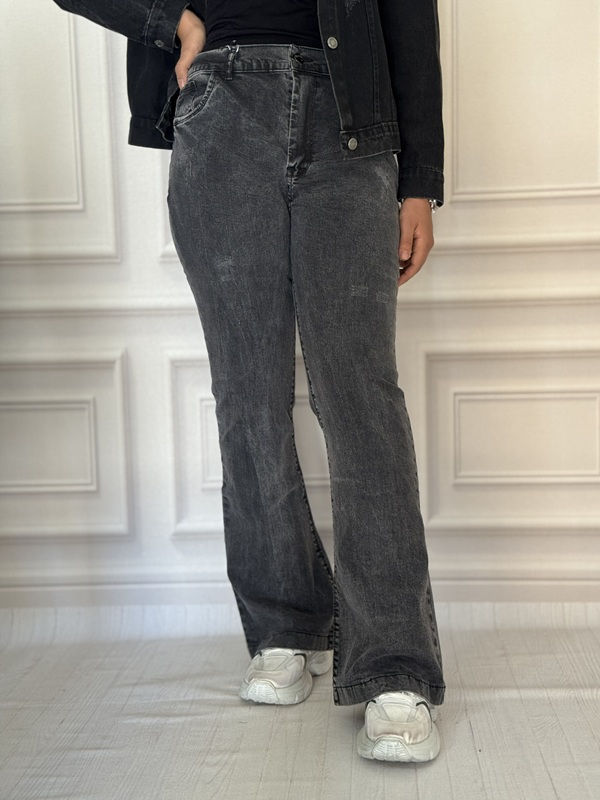 شلوار جین دمپا گشاد زنانه زغالی با تنخور کامل