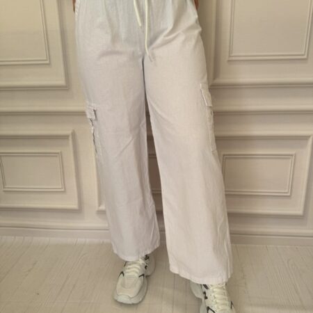 شلوار لینن کارگو زنانه مدل راسته با کمر کشی – نمای کامل از جلو