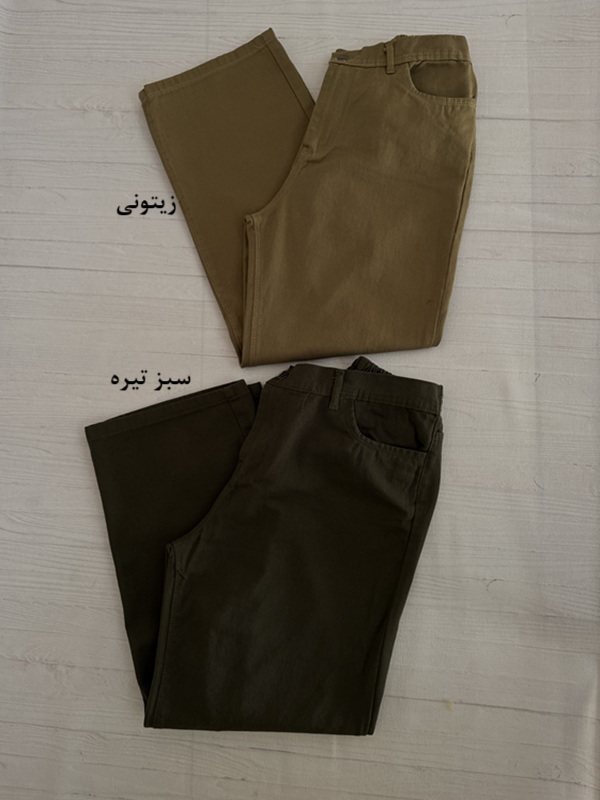 دو مدل شلوار کتان بگ سنگشور در رنگهای زیتونی و سبز تیره، کمر پشت کش دار، جنس کتان باکیفیت و دو جیب جلو