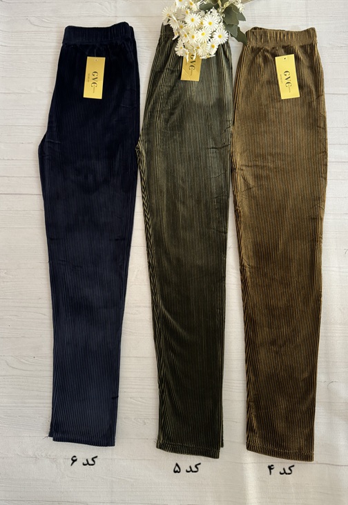 تصویر مقایسهای سه رنگ (سورمهای، سبز تیره، زیتونی) از شلوار جذب زنانه مخمل کبریتی، بافت کبریتی نرم و باکیفیت، مدل جذب و کمر تمام کش، فری سایز ۳۸ الی ۴۸