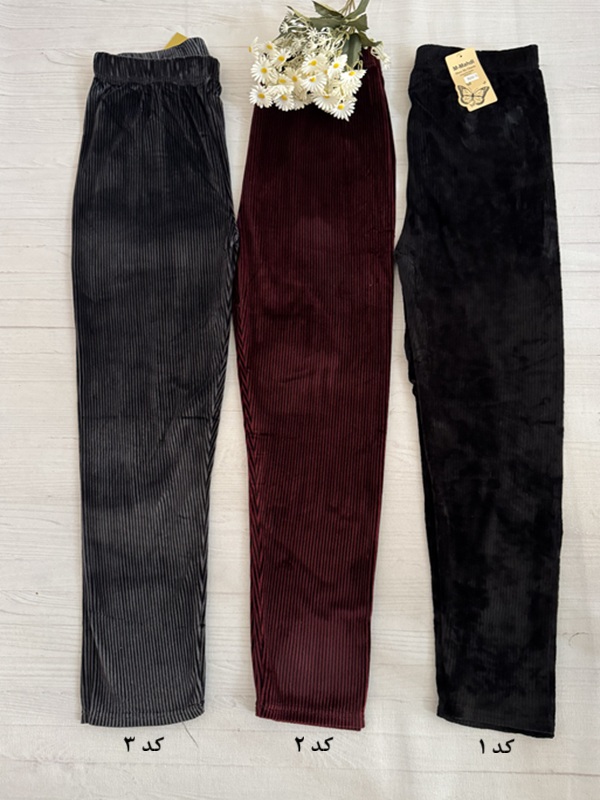 تصویر مقایسهای سه رنگ (مشکی، زرشکی، طوسی) از شلوار جذب زنانه مخمل کبریتی، نشان دهنده بافت کبریتی نرم و باکیفیت، مدل جذب و کمر تمام کش، فری سایز ۳۸ الی ۴۸