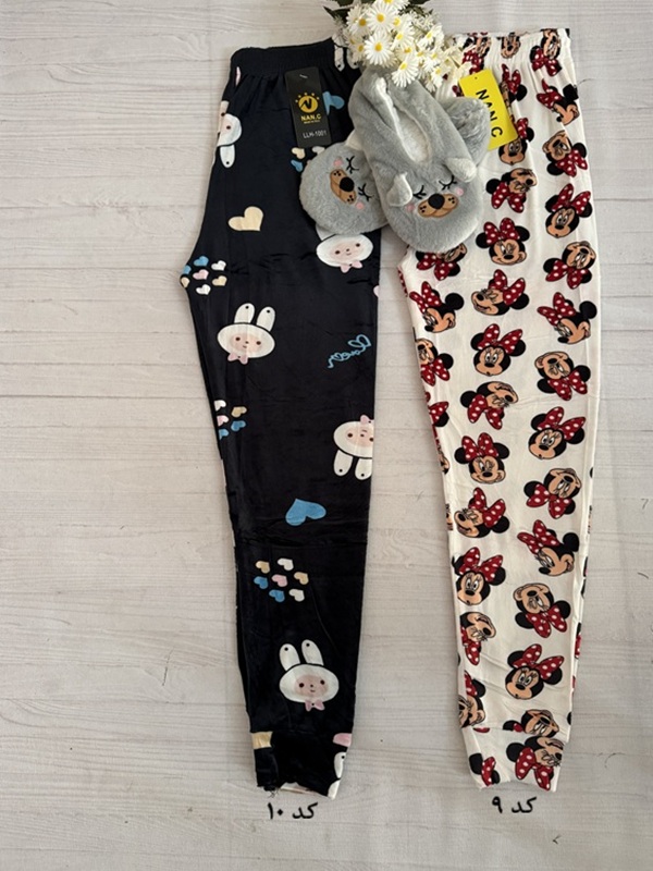 تصویر مقایسهای دو طرح مختلف شلوار لگ مچ دار زنانه مخمل حوله ای طرح دار (شامل طرحهای خرگوش و مینی موس)، جنس نرم و کشسان، کمر تمام کش، فری سایز ۳۶ الی ۴۸