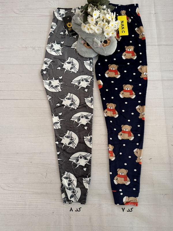 تصویر مقایسهای دو طرح مختلف شلوار لگ مچ دار زنانه مخمل حوله ای طرح دار (شامل طرحهای گربه و خرس فانتزی)، جنس نرم و کشسان، کمر تمام کش، فری سایز ۳۶ الی ۴۸