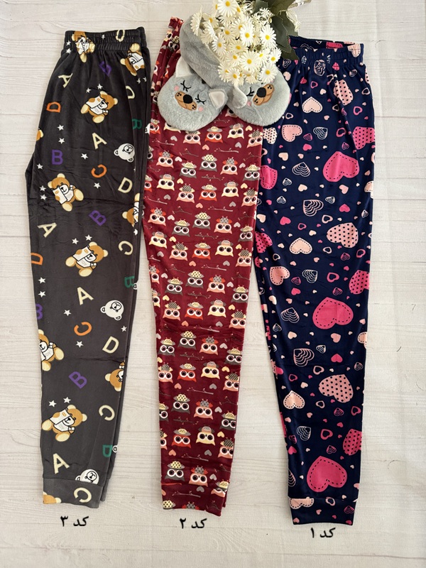 تصویر مقایسهای سه طرح مختلف شلوار لگ مچ دار زنانه مخمل حوله ای طرح دار (شامل طرحهای جغد، قلب و خرس)، جنس نرم و کشسان، کمر تمام کش، فری سایز ۳۶ الی ۴۸