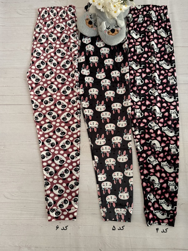 تصویر مقایسهای سه طرح مختلف شلوار لگ مچ دار زنانه مخمل حوله ای طرح دار (شامل طرحهای پاندا، خرگوش و گربه)، جنس نرم و کشسان، کمر تمام کش، فری سایز ۳۶ الی ۴۸