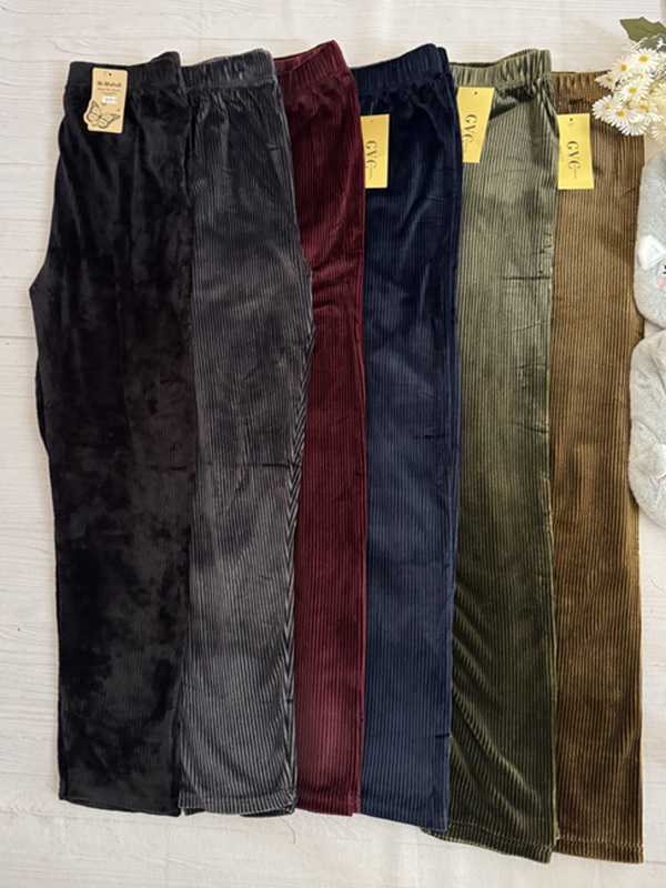 تصویر مقایسهای شش رنگ (مشکی، زرشکی، سورمهای، سبز تیره، زیتونی، ذغالی) از شلوار جذب زنانه مخمل کبریتی، نشان دهنده بافت کبریتی نرم و باکیفیت، مدل جذب و کمر تمام کش، فری سایز ۳۸ الی ۴۸